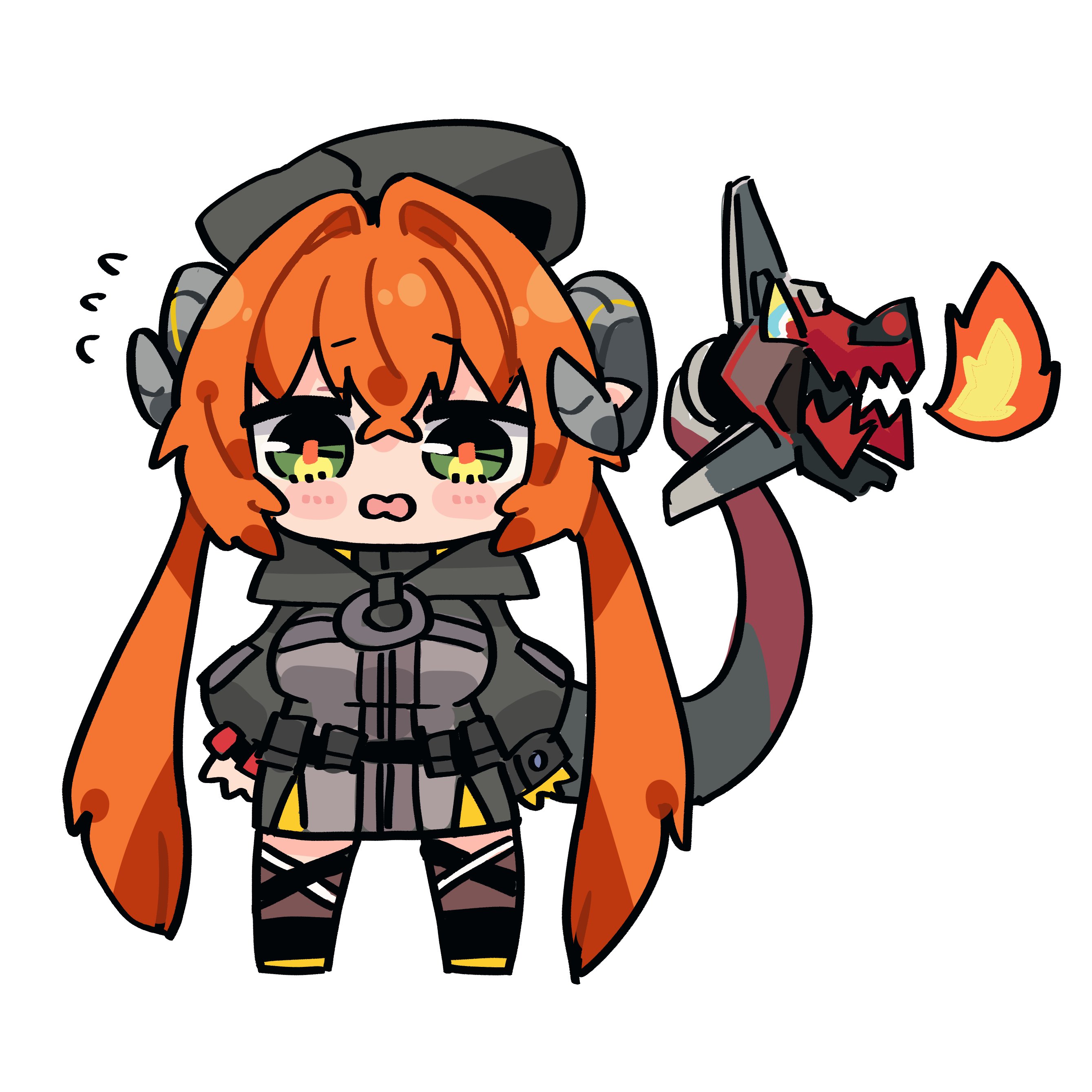 hosoi kouzou, magus (zenless zone zero), orphie magnusson, zenless zone zero, absurdres, highres, 2girls, asymmetrical gloves, black horns, black jacket, blush, cropped hoodie, dragon girl, dragon horns, fingerless gloves, fire, gloves, green eyes, gun, hat, hood, hoodie, horns, jacket, mechanical horns, mechanical tail, mismatched gloves, multiple girls, open mouth, orange hair, orange pupils, single fingerless glove, tail, twintails, weapon, yellow gloves, zipper