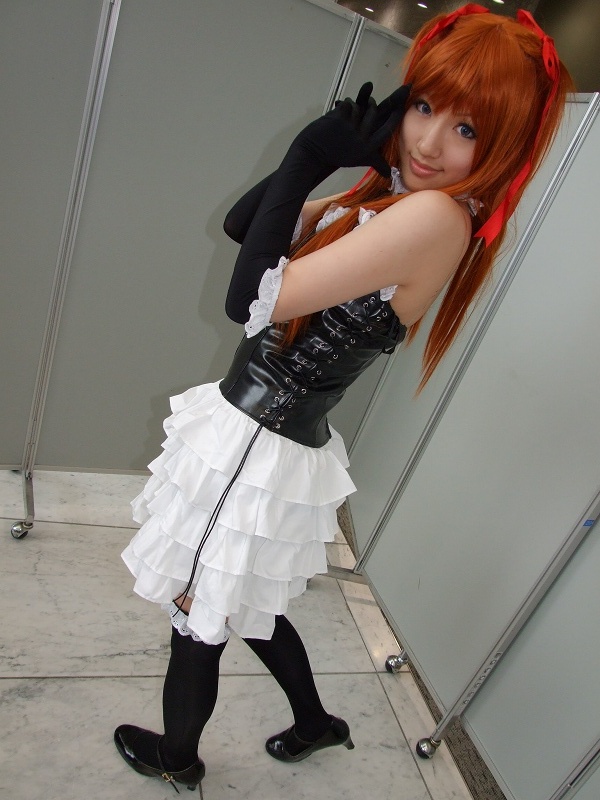 saya (cosplayer), souryuu asuka langley, neon genesis evangelion, photo (medium), bustier, cosplay, elbow gloves, frills, gloves, hair ribbon, lingerie, ribbon, thighhighs, twintails, underwear