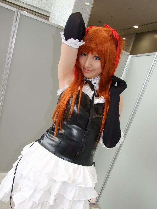 saya (cosplayer), souryuu asuka langley, neon genesis evangelion, photo (medium), bustier, cosplay, elbow gloves, frills, gloves, hair ribbon, lingerie, ribbon, twintails, underwear