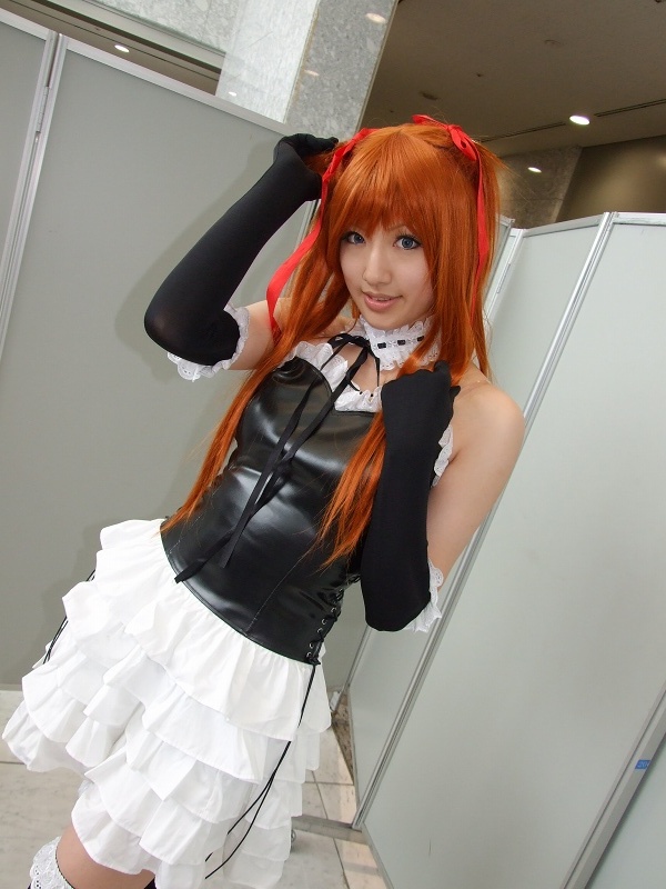 saya (cosplayer), souryuu asuka langley, neon genesis evangelion, photo (medium), bustier, cosplay, elbow gloves, frills, gloves, hair ribbon, lingerie, ribbon, thighhighs, twintails, underwear