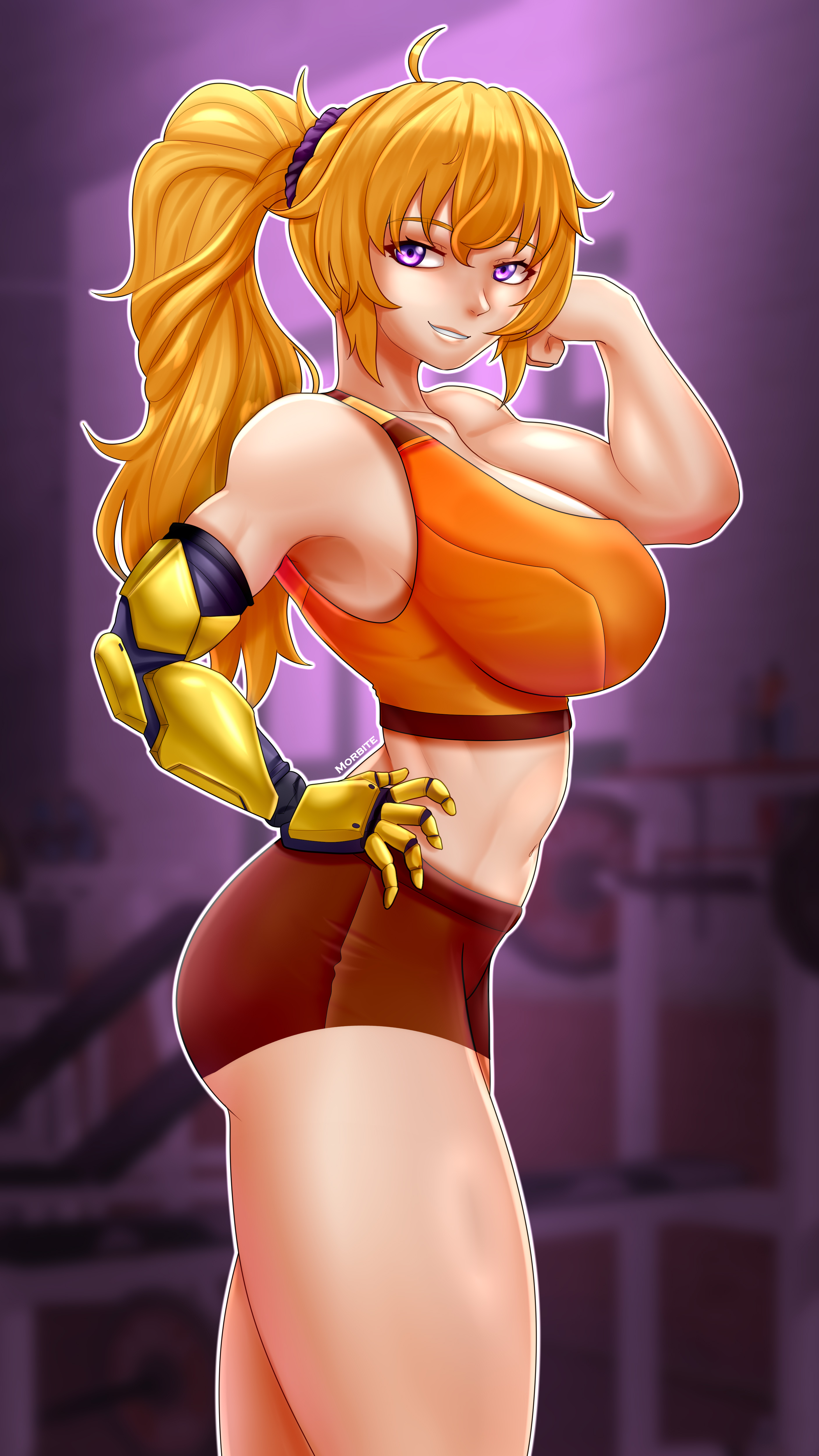 morbite, yang xiao long, rwby, ahoge, armpits, artist name, ass, blonde hair, boxer briefs, breasts, gym, hand on own hip, large breasts, looking at viewer, male underwear, mechanical arms, parted lips, ponytail, purple eyes, scrunchie, sideboob, single mechanical arm, skindentation, smile, sports bra, teeth