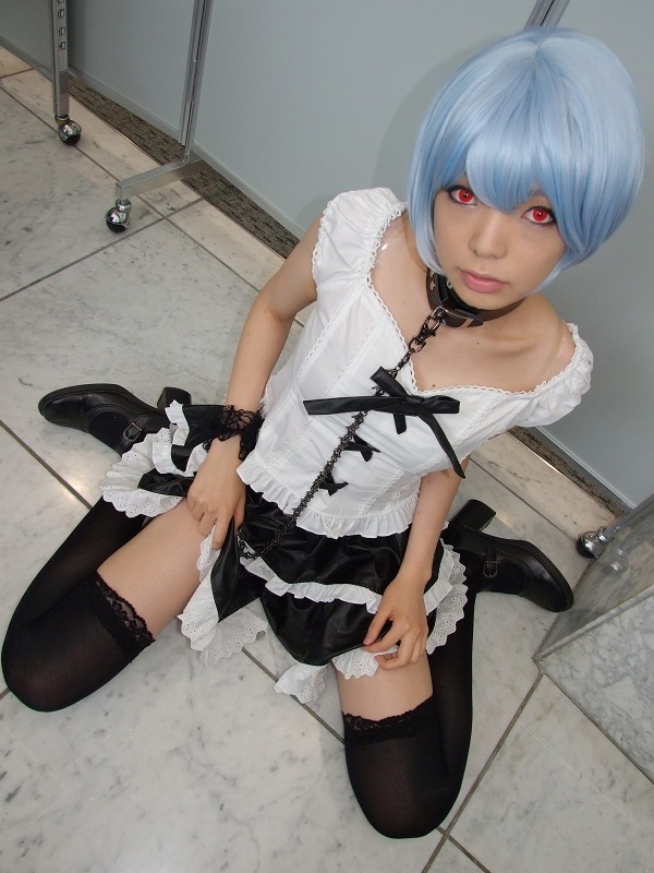 namada, ayanami rei, neon genesis evangelion, black footwear, photo (medium), 1girl, alternate costume, asian, black skirt, black thighhighs, blue hair, breasts, clothes lift, collar, color contacts, cosplay, female focus, frilled skirt, frills, full body, goth fashion, high heels, indoors, lace, leash, lifting own clothes, looking at viewer, makeup, mascara, miniskirt, red eyes, short hair, sitting, skirt, skirt lift, small breasts, solo, thighhighs, wariza, zettai ryouiki