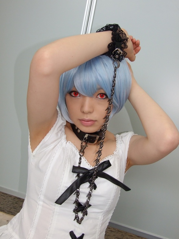 namada, ayanami rei, neon genesis evangelion, photo (medium), 1girl, alternate costume, armpits, arms up, asian, blue hair, breasts, collar, color contacts, cosplay, dutch angle, female focus, frills, goth fashion, indoors, lace, leash, looking at viewer, makeup, mascara, red eyes, short hair, small breasts, solo, thighhighs