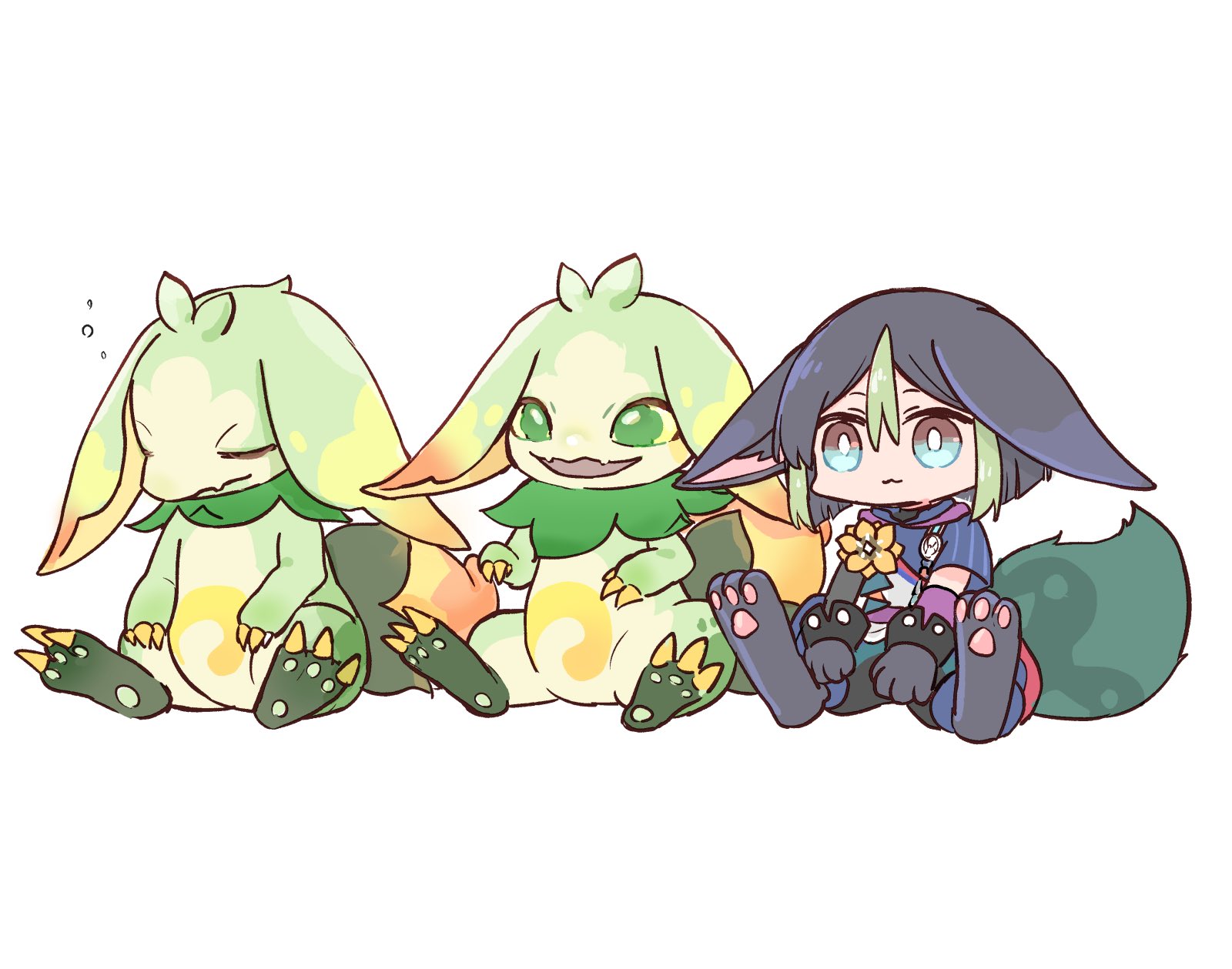 himeko (nico6v6pachi), tighnari (genshin impact), yumkasaurus (genshin impact), genshin impact, commentary request, highres, 1boy, animal ear fluff, animal ears, asymmetrical sleeves, black gloves, black hair, brown eyes, closed mouth, fox boy, fox ears, fox tail, gloves, green eyes, green streaks, green tail, hair between eyes, male focus, multicolored eyes, multicolored hair, simple background, sleeping, solo, streaked hair, tail, two-tone eyes, white background