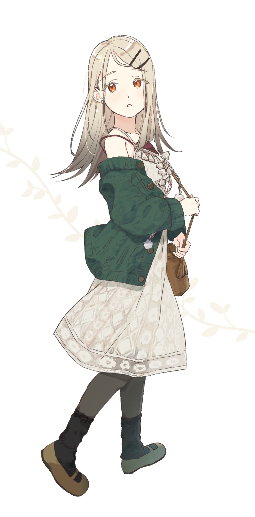 lilyac, shinosawa hiro, gakuen idolmaster, idolmaster, commentary request, highres, 1girl, bag, black socks, blonde hair, branch, brown bag, brown shoes, cardigan, colored eyelashes, dress, earrings, flipped hair, full body, gradient hair, green cardigan, green shoes, grey hair, hair ornament, hairclip, holding strap, jewelry, leaf, looking back, mismatched shoes, multicolored hair, off-shoulder cardigan, open cardigan, open clothes, open mouth, orange eyes, pantyhose, parallel hairclips, red shirt, shirt, shoes, shoulder bag, simple background, socks, solo, strap slip, stud earrings, swept bangs, uwabaki, walking, white background, white dress