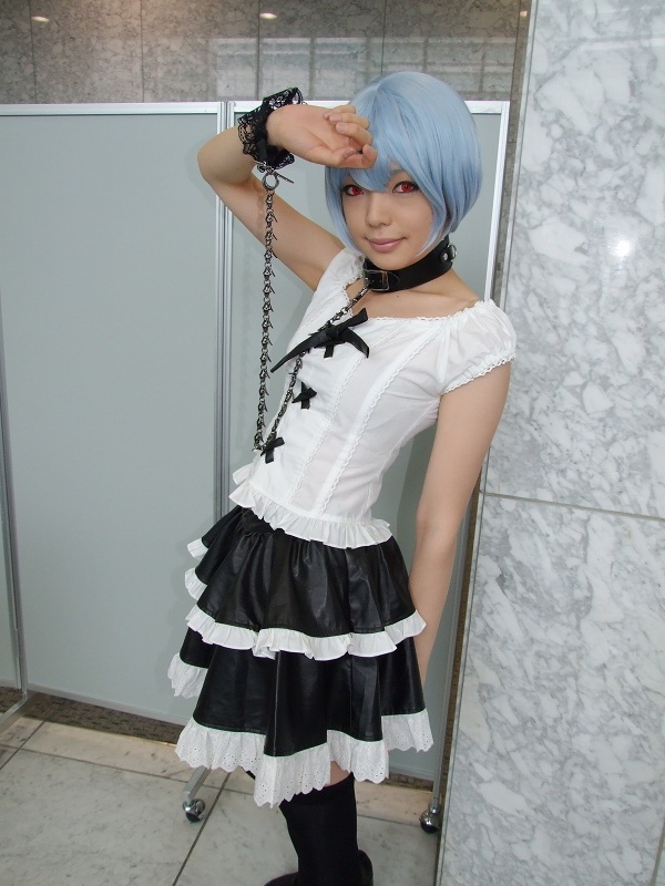 namada, ayanami rei, neon genesis evangelion, black footwear, photo (medium), 1girl, alternate costume, asian, black skirt, black thighhighs, blue hair, breasts, collar, color contacts, cosplay, female focus, frilled skirt, frills, goth fashion, indoors, lace, leash, looking at viewer, makeup, mascara, miniskirt, red eyes, short hair, skirt, small breasts, solo, standing, thighhighs