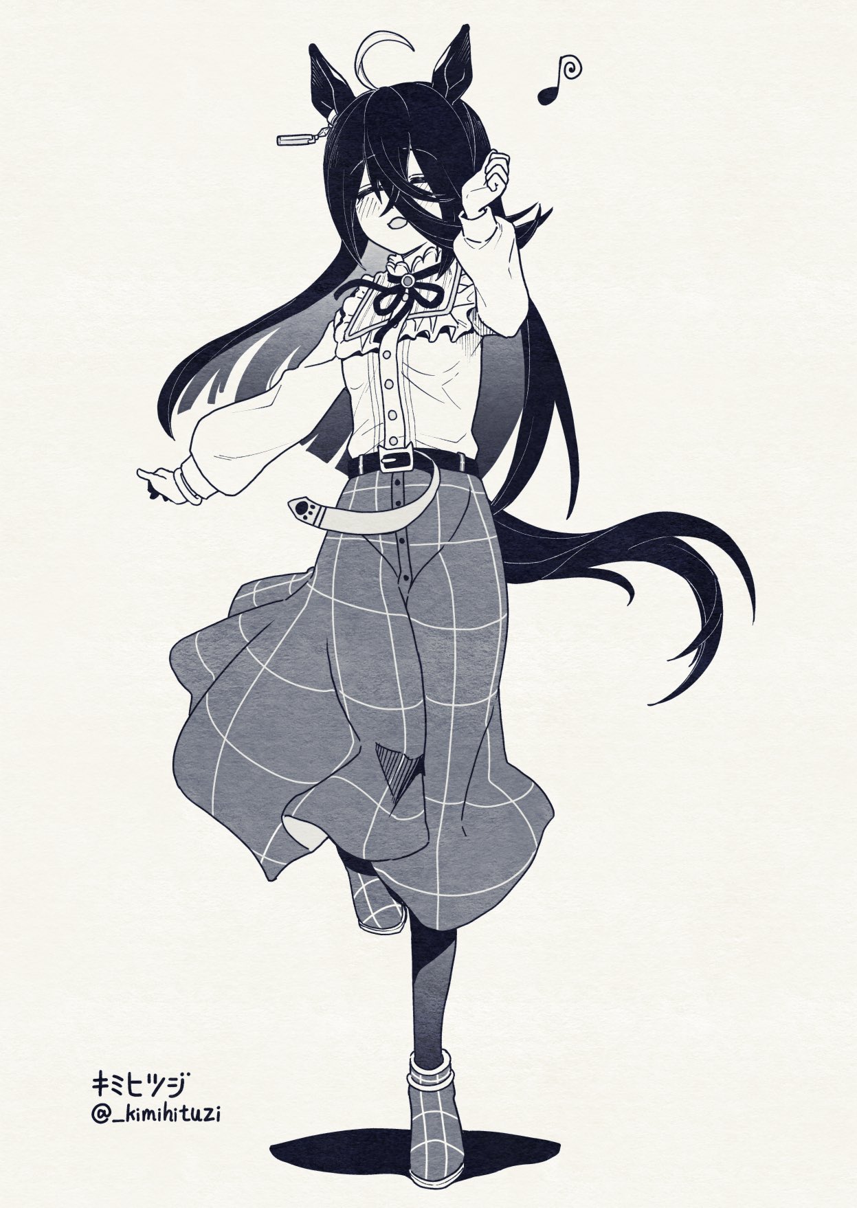 kimihitsuji, manhattan cafe (umamusume), umamusume, highres, 1girl, animal ears, ear ornament, ear tag, hair between eyes, horse ears, horse girl, horse tail, long hair between eyes, tail