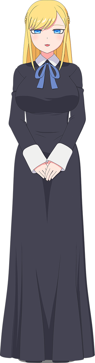alice lendrott, shinigami bocchan to kuro maid, highres, official art, 1girl, anime coloring, black dress, black nails, blonde hair, blue eyes, blue ribbon, breasts, dress, full body, large breasts, long dress, long hair, looking at viewer, neck ribbon, open mouth, ribbon, sidelocks, simple background, smile, solo, standing, straight-on, swept bangs, tachi-e, transparent background, v arms