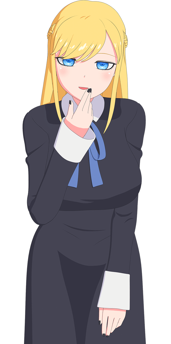 alice lendrott, shinigami bocchan to kuro maid, highres, official art, 1girl, anime coloring, black dress, black nails, blonde hair, blue eyes, blue ribbon, breasts, cowboy shot, dress, hand on own chin, large breasts, long hair, looking at viewer, neck ribbon, open mouth, ribbon, sidelocks, simple background, smile, solo, standing, swept bangs, tachi-e, transparent background