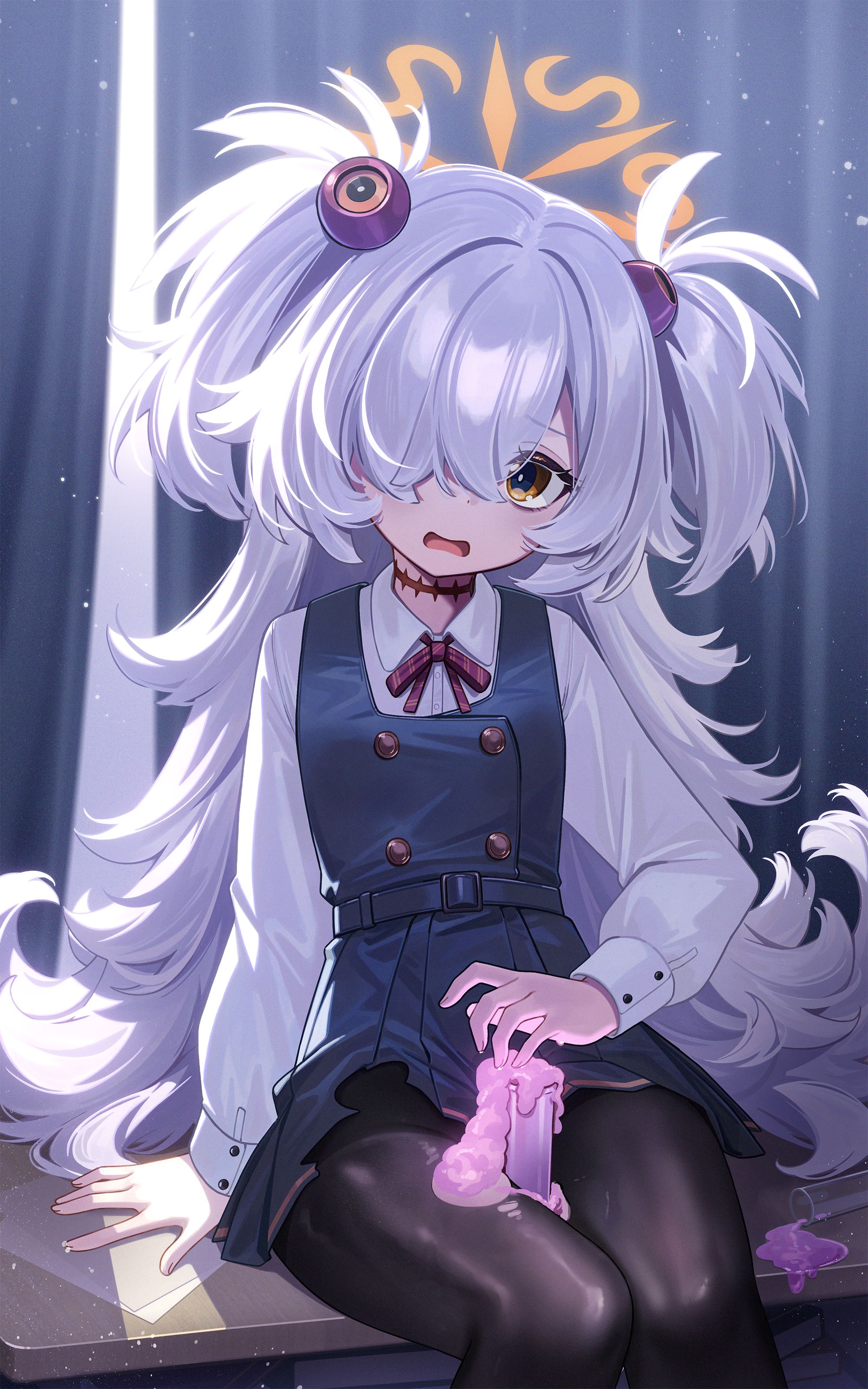 dango remi, kanoe (blue archive), blue archive, absurdres, highres, 1girl, black pantyhose, breasts, brown eyes, diagonal-striped ribbon, dress, grey hair, hair over one eye, halo, long hair, long sleeves, looking at viewer, open mouth, orange halo, pantyhose, pinafore dress, purple liquid, scar, scar on neck, shirt, sitting, sleeveless, sleeveless dress, small breasts, solo, test tube between thighs, thighs, two side up, very long hair, wavy hair, white shirt