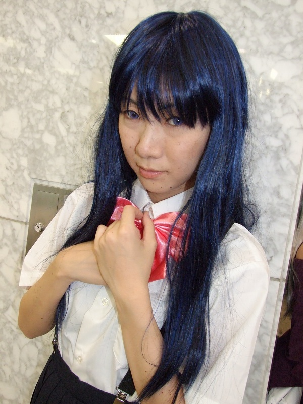 furude rika, higurashi no naku koro ni, photo (medium), aotsuki riku, blue hair, cosplay, school uniform, serafuku, suspenders
