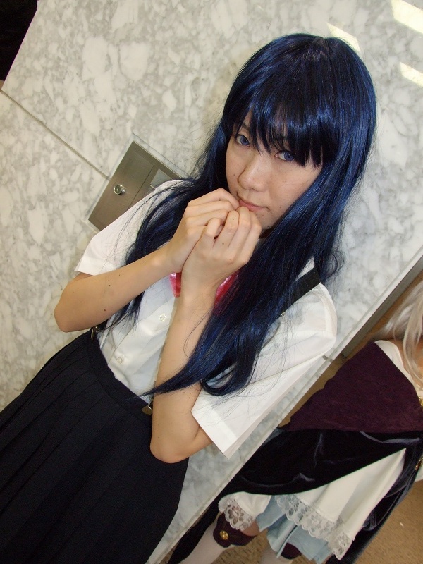 furude rika, higurashi no naku koro ni, photo (medium), aotsuki riku, blue hair, cosplay, school uniform, serafuku, suspenders