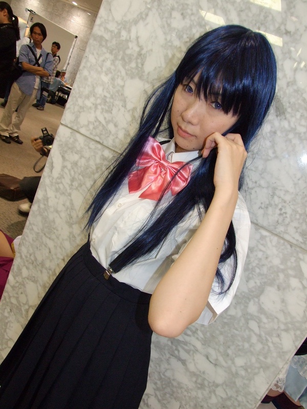 furude rika, higurashi no naku koro ni, photo (medium), aotsuki riku, blue hair, cosplay, school uniform, serafuku, suspenders
