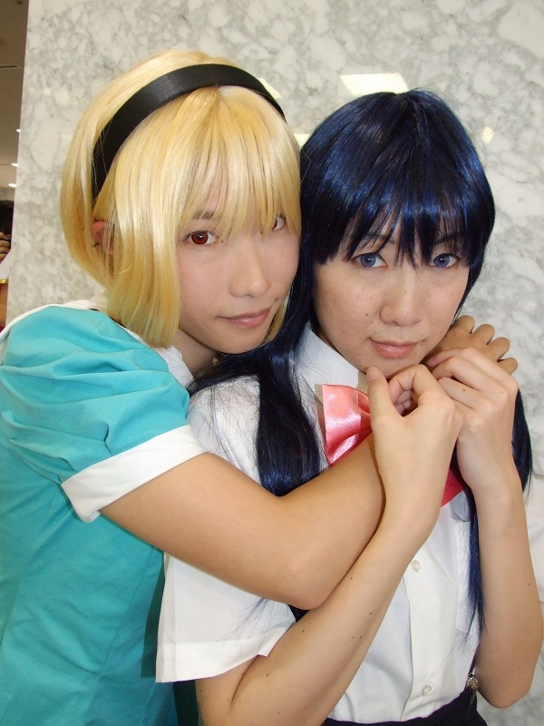 furude rika, houjou satoko, higurashi no naku koro ni, photo (medium), aotsuki riku, blonde hair, blue hair, cosplay, hairband, red eyes, school uniform, serafuku, tamura akira