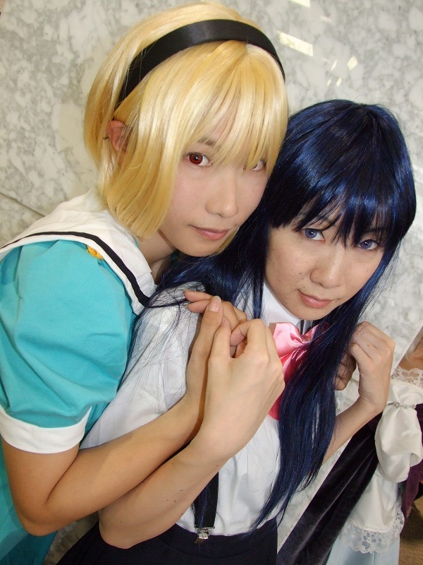 furude rika, houjou satoko, higurashi no naku koro ni, photo (medium), aotsuki riku, blonde hair, blue hair, cosplay, hairband, red eyes, school uniform, serafuku, tamura akira