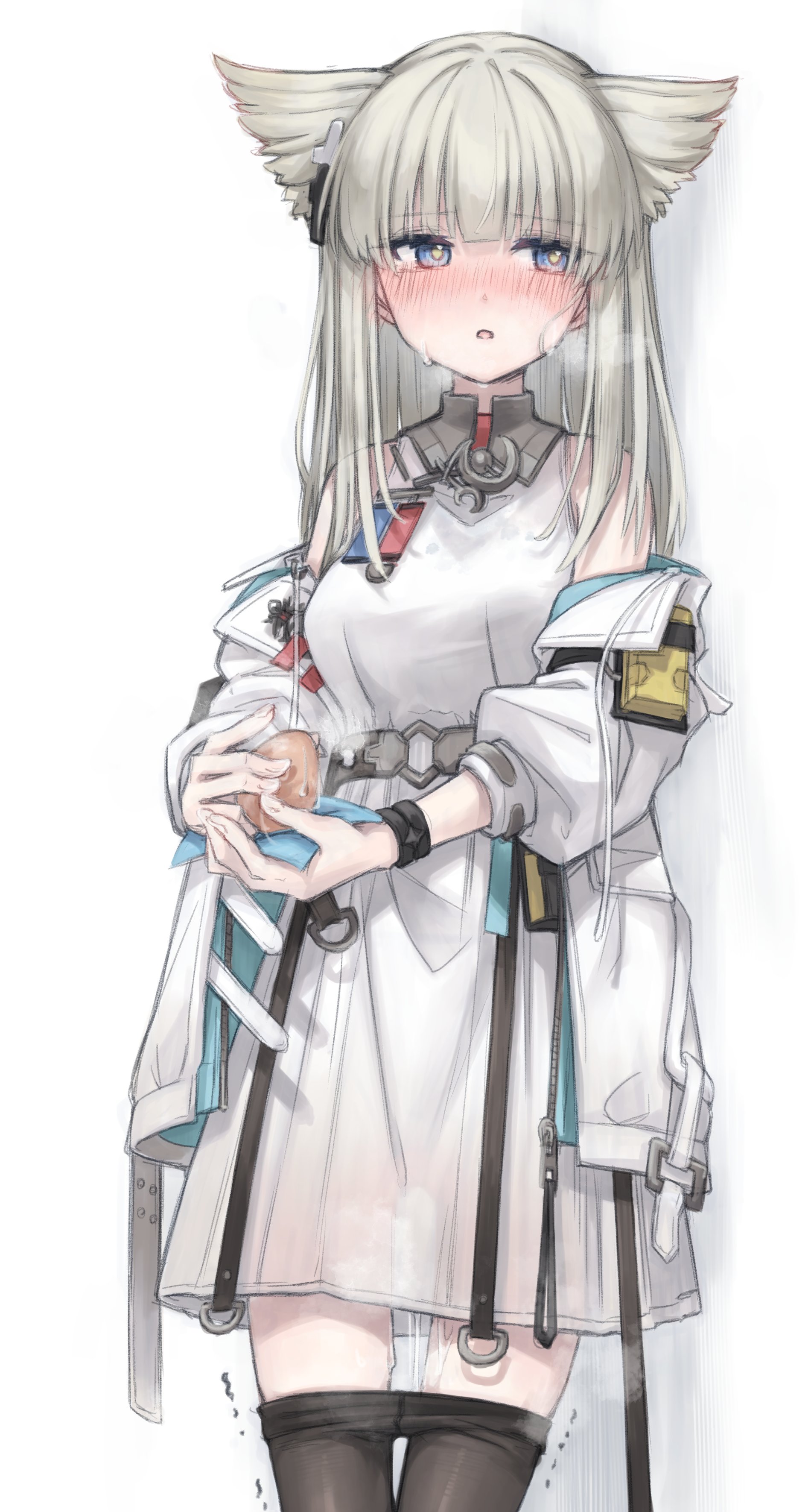 semi colon, perlica (arknights), arknights, arknights: endfield, absurdres, commentary request, highres, 1girl, animal ears, bare shoulders, bird ears, bird girl, black pantyhose, blue eyes, blush, dress, egg, grey hair, holding, holding egg, implied egg laying, jacket, long hair, long sleeves, looking at viewer, open clothes, open jacket, open mouth, pantyhose, pantyhose around legs, pussy juice, sleeveless, sleeveless dress, solo, sweat, white dress, white jacket, yellow pupils