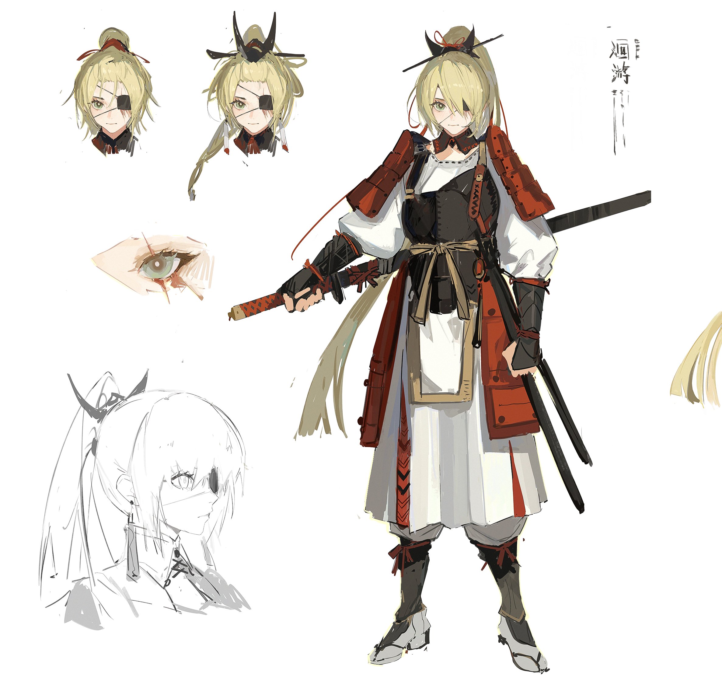 doveop, original, highres, 1girl, armor, blonde hair, breastplate, clenched hand, closed mouth, earrings, eyelashes, eyepatch, gauntlets, green eyes, holding, holding sword, holding weapon, japanese armor, japanese clothes, jewelry, long hair, long sleeves, looking at viewer, multiple views, one eye covered, ponytail, scar, scar on face, shoulder armor, standing, sword, weapon