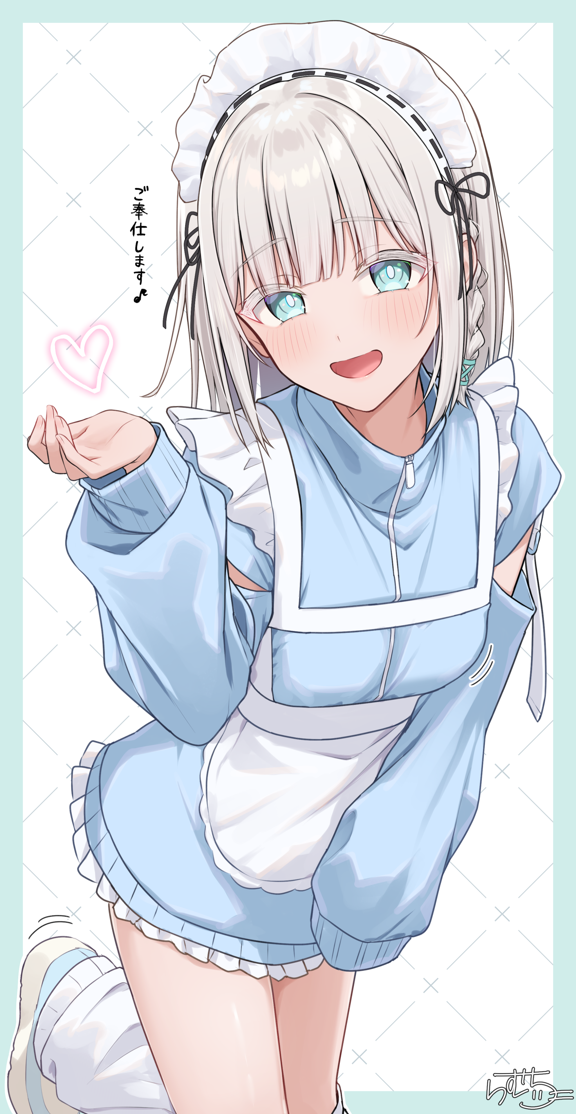 ramchi, silver hair-chan (ramchi), original, absurdres, highres, translation request, 1girl, blue eyes, blue sweater, braid, bright pupils, heart, jersey maid, long sleeves, loose socks, maid, maid headdress, motion lines, open mouth, short hair, smile, socks, sweater, thighs, unconventional maid, white pupils, white socks, zipper pull tab