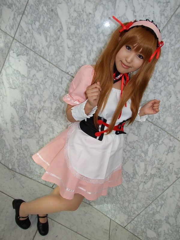 asahina mikuru, moeka (cosplayer), suzumiya haruhi no yuuutsu, photo (medium), apron, cosplay, hair ribbon, ribbon, twintails