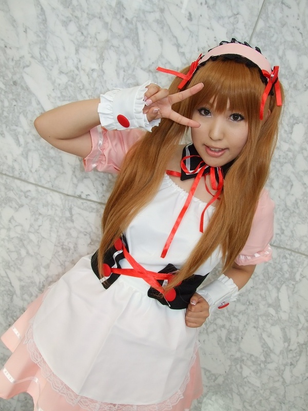 asahina mikuru, moeka (cosplayer), suzumiya haruhi no yuuutsu, photo (medium), apron, cosplay, hair ribbon, ribbon, twintails