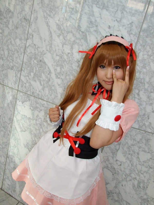 asahina mikuru, moeka (cosplayer), suzumiya haruhi no yuuutsu, photo (medium), apron, cosplay, hair ribbon, ribbon, twintails