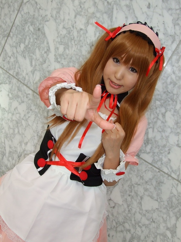 asahina mikuru, moeka (cosplayer), suzumiya haruhi no yuuutsu, photo (medium), apron, cosplay, hair ribbon, ribbon, twintails