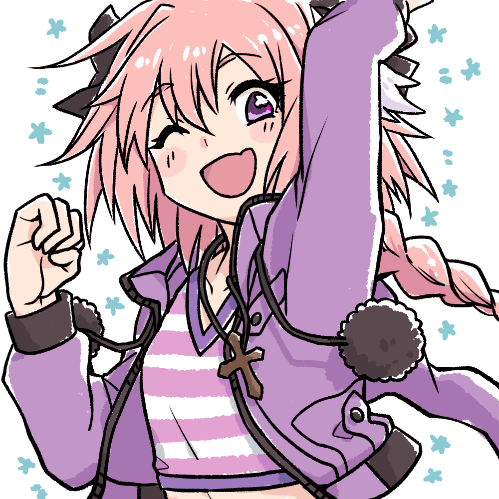 72kuri, astolfo (fate), astolfo (memories at trifas) (fate), fate/grand order, fate (series), 1boy, black bow, bow, braid, braided ponytail, clenched hands, collarbone, crop top, cropped torso, cross, cross necklace, crossdressing, crossdressing (mtf), fang, hair bow, hair intakes, hood, hoodie, jewelry, long hair, male focus, midriff, multiple hair bows, necklace, one eye closed, open mouth, pink hair, pom pom (clothes), purple eyes, purple hoodie, shirt, simple background, single hair streak, skin fang, smile, solo, striped clothes, striped shirt, trap, upper body, v-neck, very long hair, white background, white hair