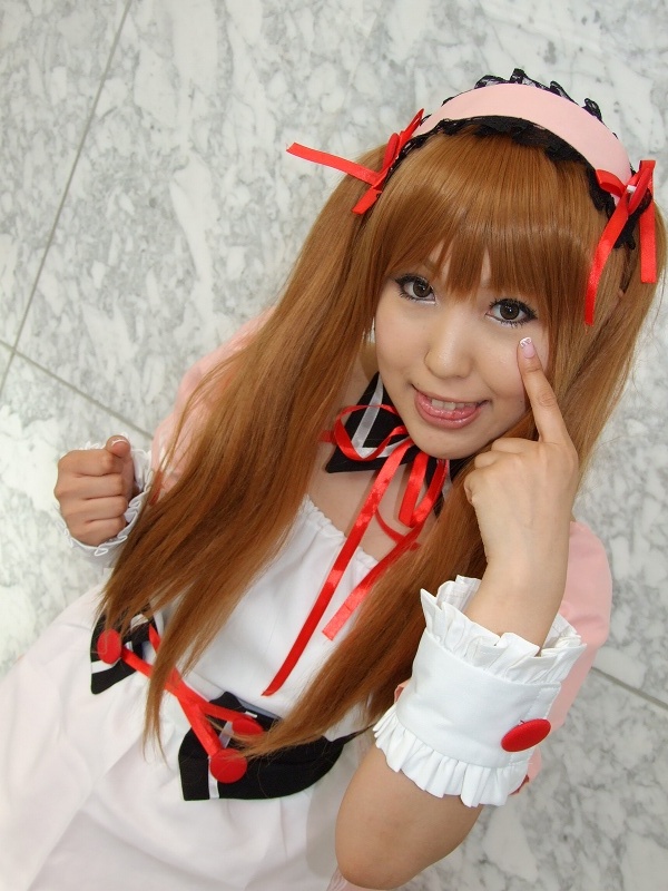 asahina mikuru, moeka (cosplayer), suzumiya haruhi no yuuutsu, photo (medium), apron, cosplay, hair ribbon, ribbon, twintails