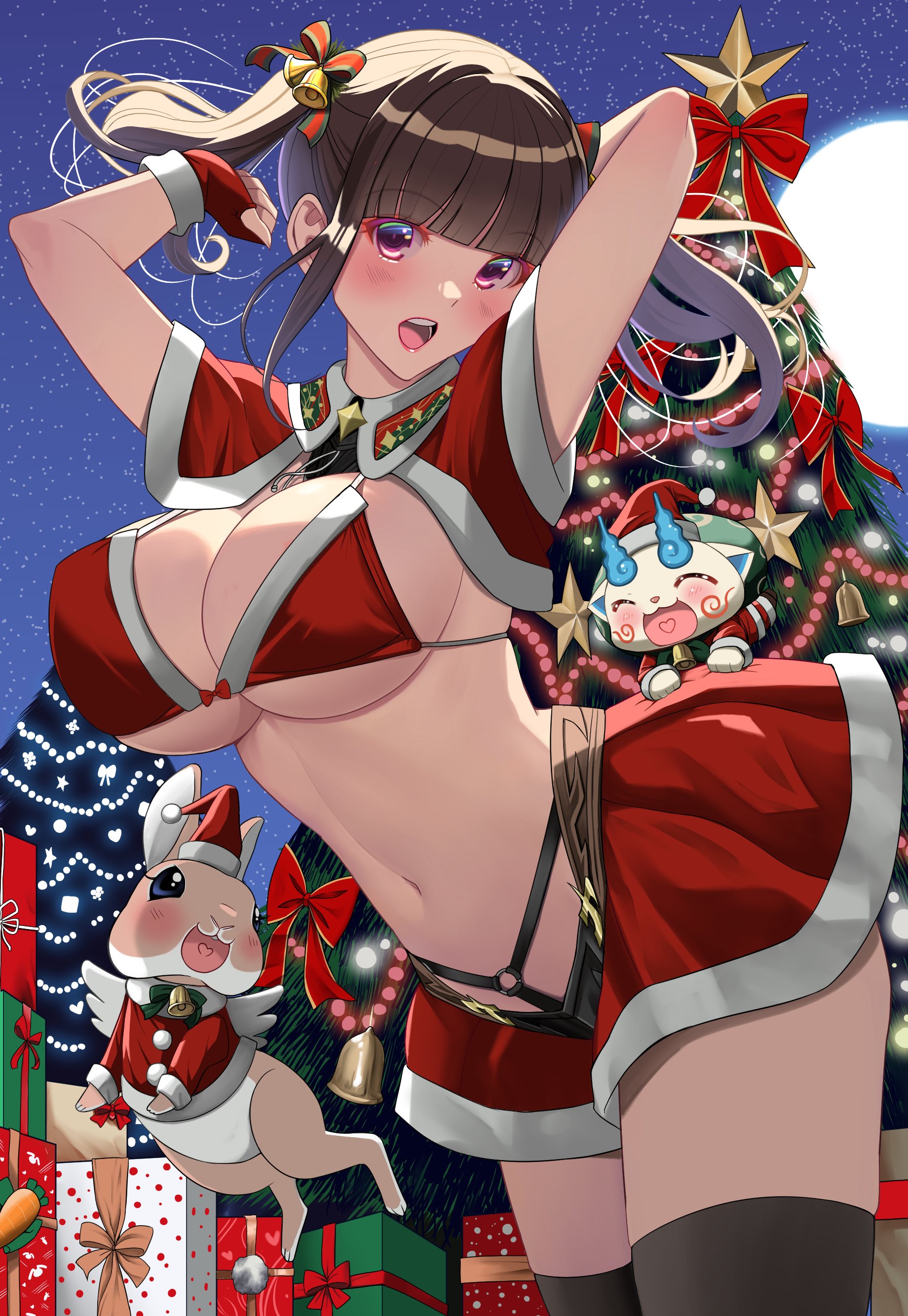 akihiro0920, komasan, tamura yukari, original, real life, youkai watch, absurdres, commentary request, highres, 1girl, arms up, bikini, black thighhighs, breasts, capelet, christmas, christmas tree, cowboy shot, curvy, huge breasts, lipstick, looking at viewer, makeup, moon, navel, night, open mouth, outdoors, rabbit, red bikini, red capelet, red skirt, santa bikini, santa costume, skirt, solo, stomach, swimsuit, thighhighs, thighs