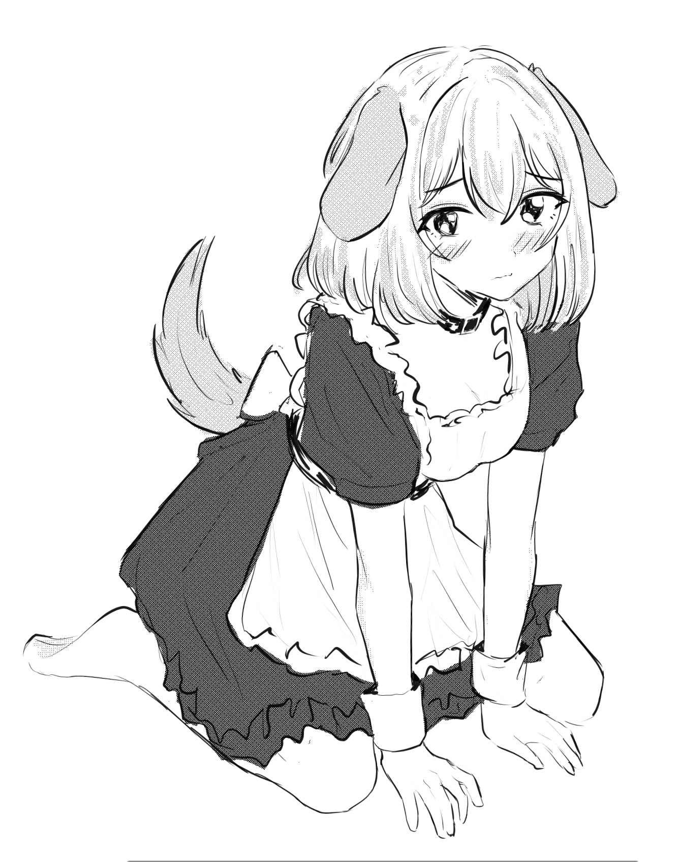 misumi uika, arknights, bang dream!, bang dream! it's mygo!!!!!, highres, 1girl, animal ears, blush, closed mouth, collar, dog ears, dog girl, dog tail, greyscale, maid, misumi uika (caged singer), monochrome, short sleeves, solo, tail, uikays, wrist cuffs