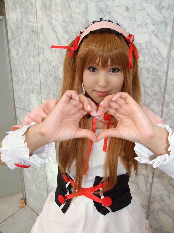 asahina mikuru, moeka (cosplayer), suzumiya haruhi no yuuutsu, photo (medium), apron, cosplay, hair ribbon, ribbon, twintails