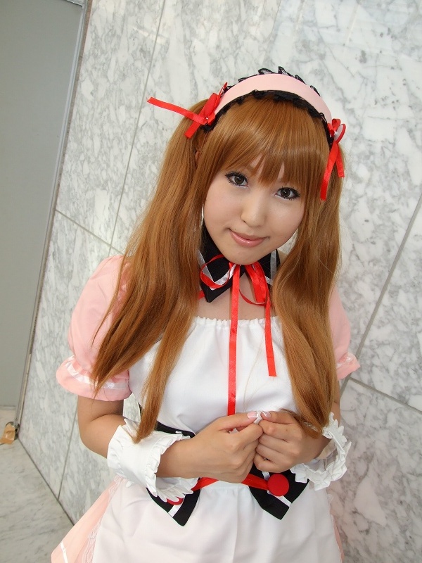asahina mikuru, moeka (cosplayer), suzumiya haruhi no yuuutsu, photo (medium), apron, cosplay, hair ribbon, ribbon, twintails