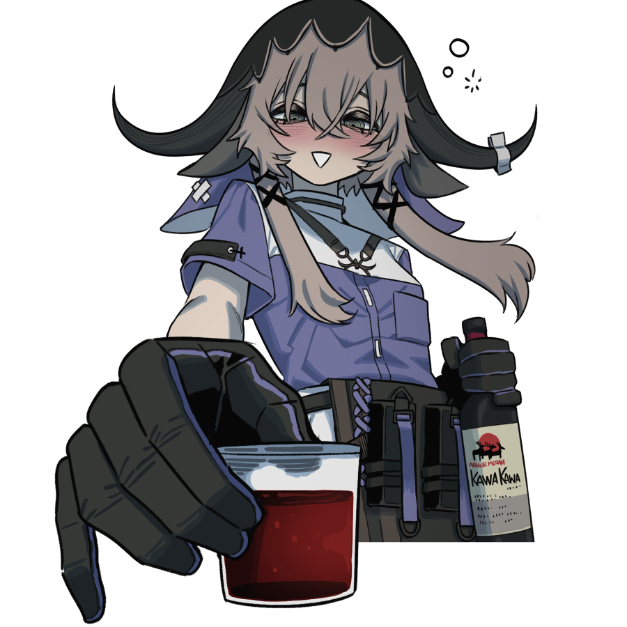 ibenq turbo, pallas (arknights), arknights, commentary, 1girl, animal ears, black gloves, blush, bottle, brown hair, cow ears, cow girl, cow horns, crossed bangs, cup, drinking glass, drunk, gloves, green eyes, hair between eyes, holding, holding bottle, horns, incoming gift, looking at viewer, pov, purple shirt, shirt, short sleeves, shot glass, simple background, solo, squeans, triangle mouth, white background, wine bottle