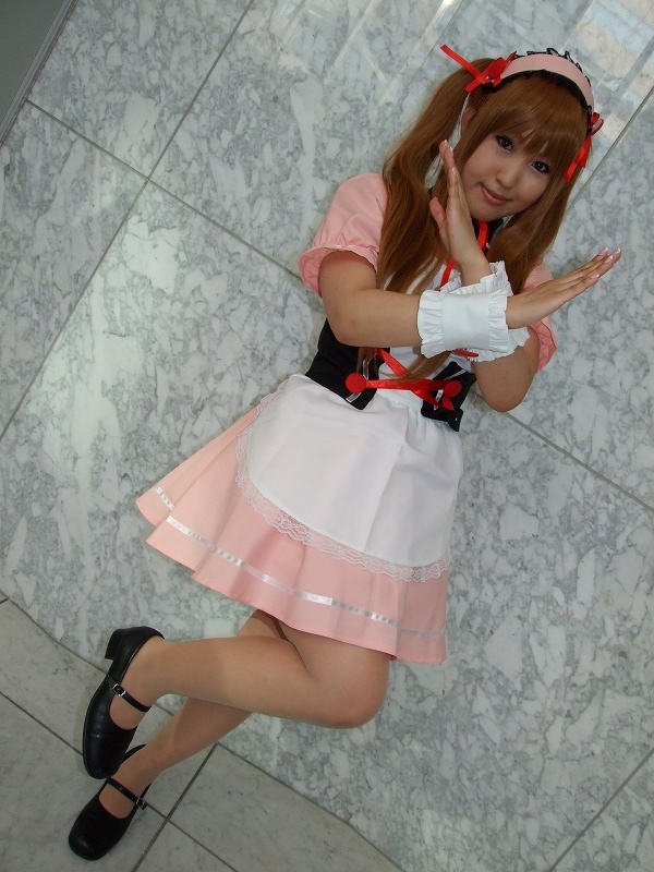 asahina mikuru, moeka (cosplayer), suzumiya haruhi no yuuutsu, photo (medium), apron, cosplay, hair ribbon, ribbon, twintails