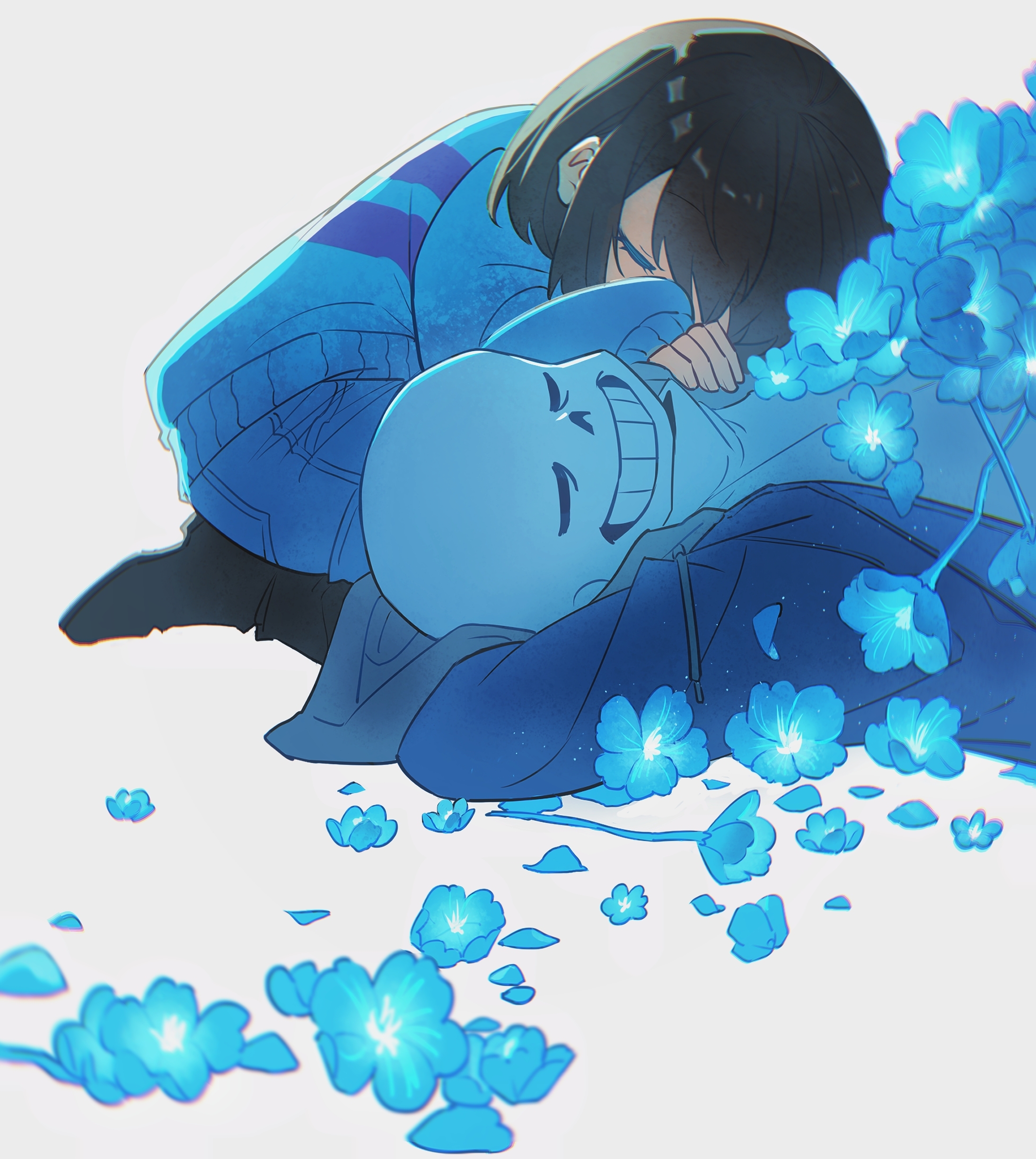hanbaobaobaozhu, frisk (undertale), sans (undertale), undertale, utdr (toby fox), absurdres, commentary, english commentary, highres, 1boy, 1other, :d, arms behind head, backlighting, black boots, blue flower, blue pants, blue petals, blue sweater, boots, brown hair, closed eyes, denim, drawstring, echo flower, film grain, flower, full body, glowing flower, grey background, grey hood, grin, hand on another's shoulder, high heel boots, high heels, hood, hood down, hooded jacket, jacket, jeans, light particles, long sleeves, open clothes, open jacket, open mouth, pants, puffy long sleeves, puffy sleeves, purple sweater, short hair, simple background, sitting, skeleton, sleeves past wrists, smile, striped clothes, striped sweater, sweater, turtleneck, turtleneck sweater, two-tone sweater, u u, upper body, white sweater