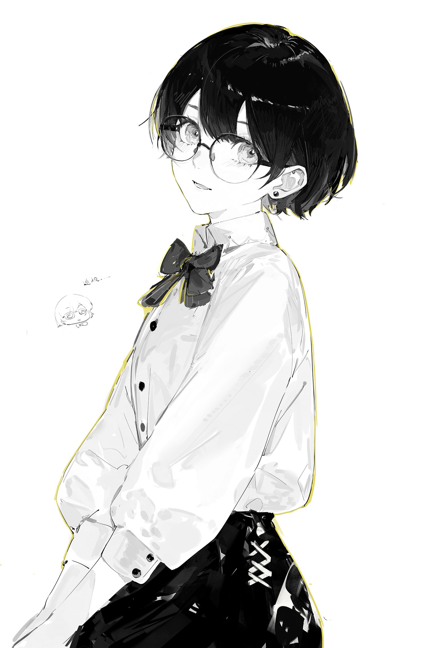 doveop, original, highres, 1girl, blush, bow, bowtie, earrings, eyelashes, glasses, greyscale, hair between eyes, jewelry, long sleeves, looking at viewer, lower teeth only, monochrome, parted lips, shirt, short hair, simple background, sitting, solo, stud earrings, teeth, tongue