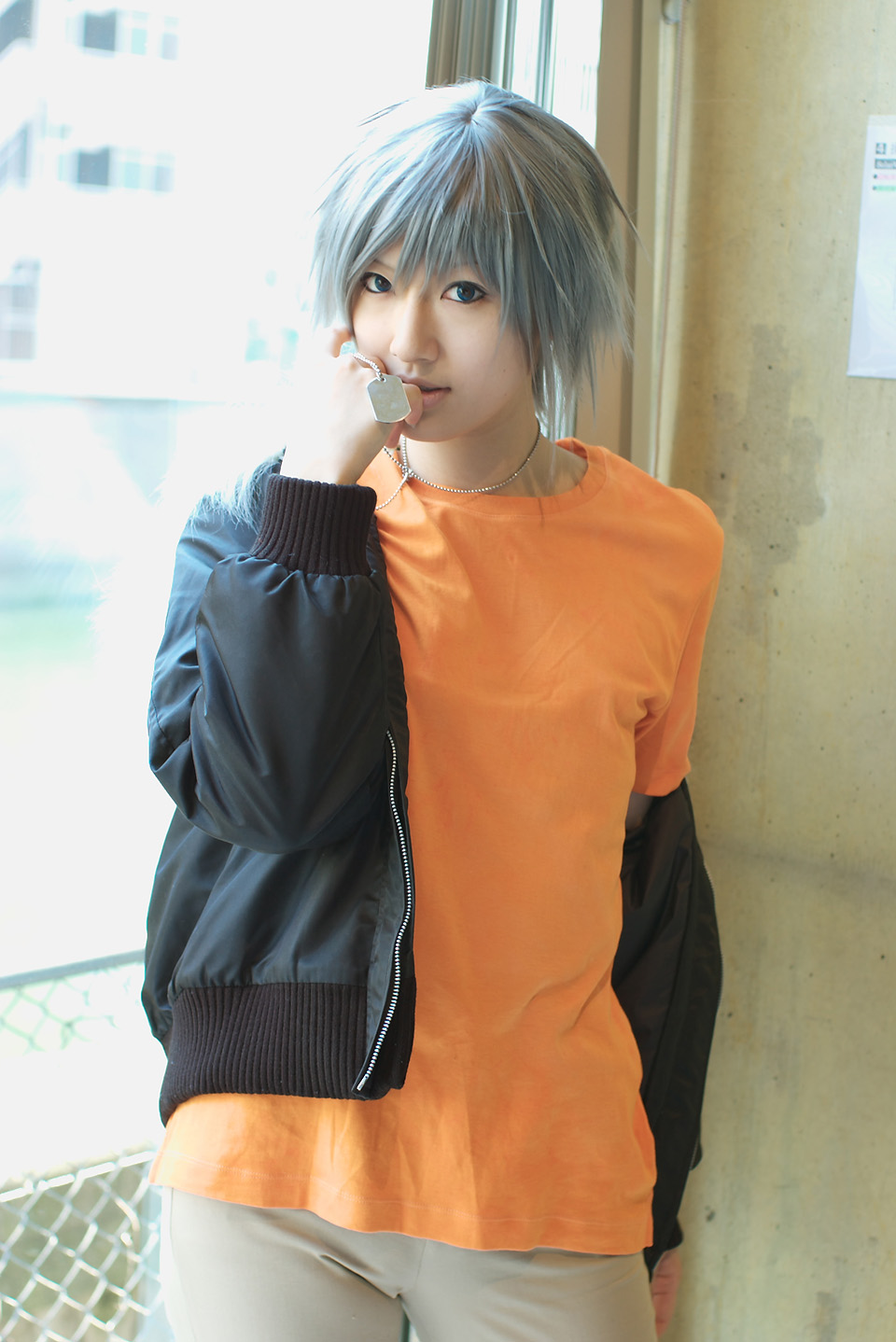saya (cosplayer), akira (togainu no chi), togainu no chi, silver hair, highres, photo (medium), cosplay, dog tags