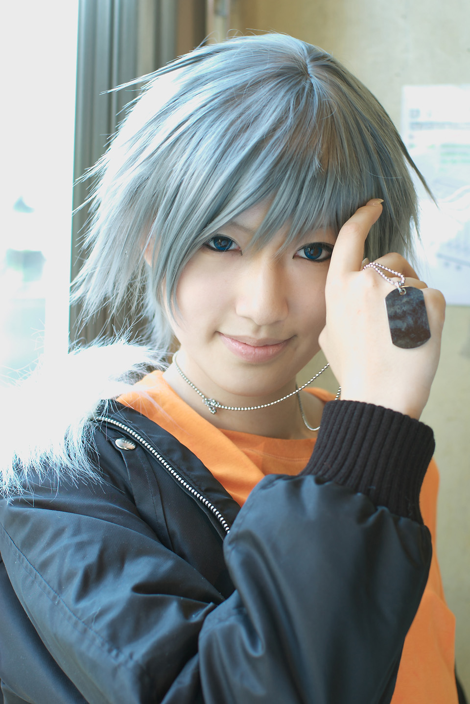 saya (cosplayer), akira (togainu no chi), togainu no chi, silver hair, highres, photo (medium), cosplay, dog tags