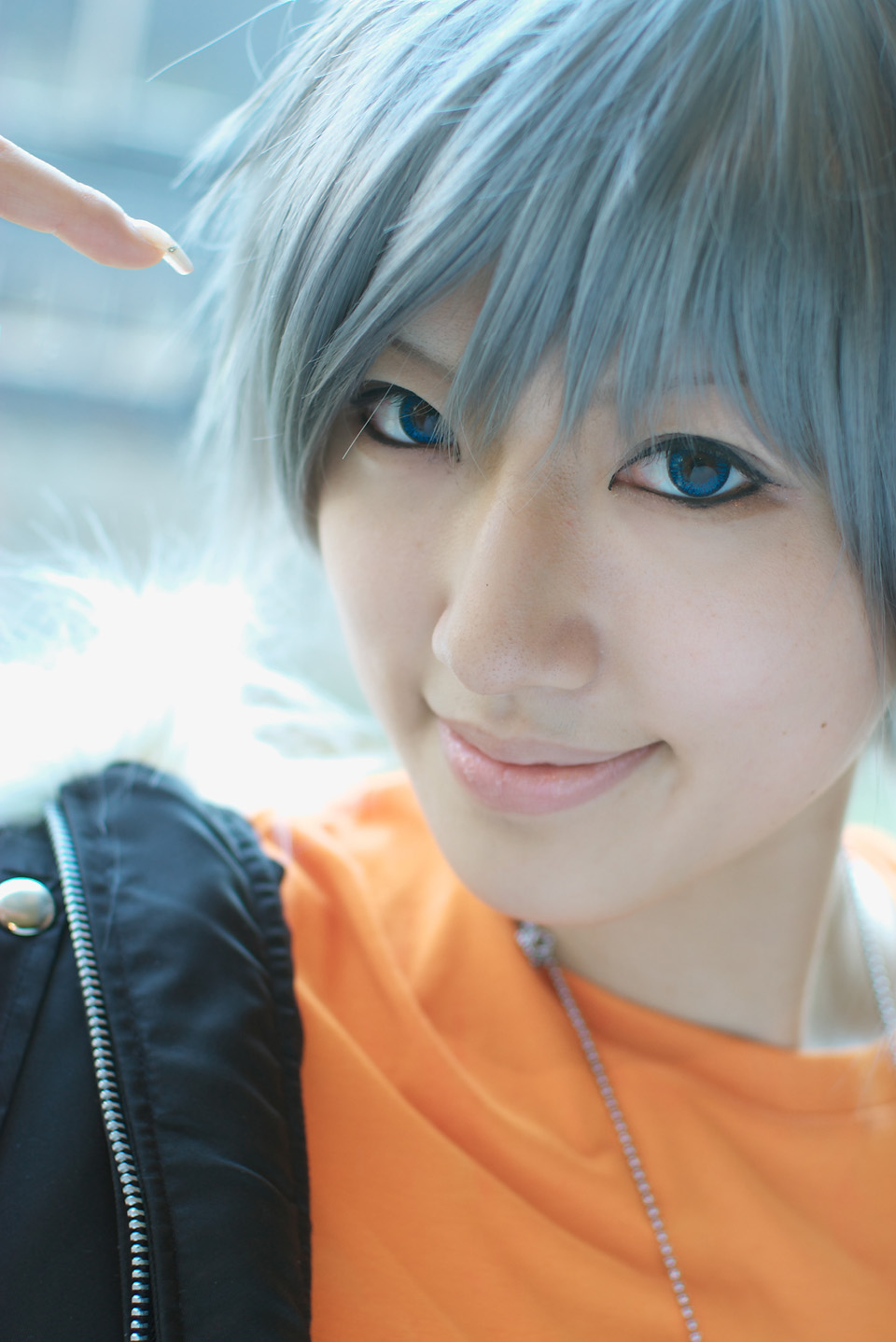 saya (cosplayer), akira (togainu no chi), togainu no chi, silver hair, highres, photo (medium), cosplay, dog tags