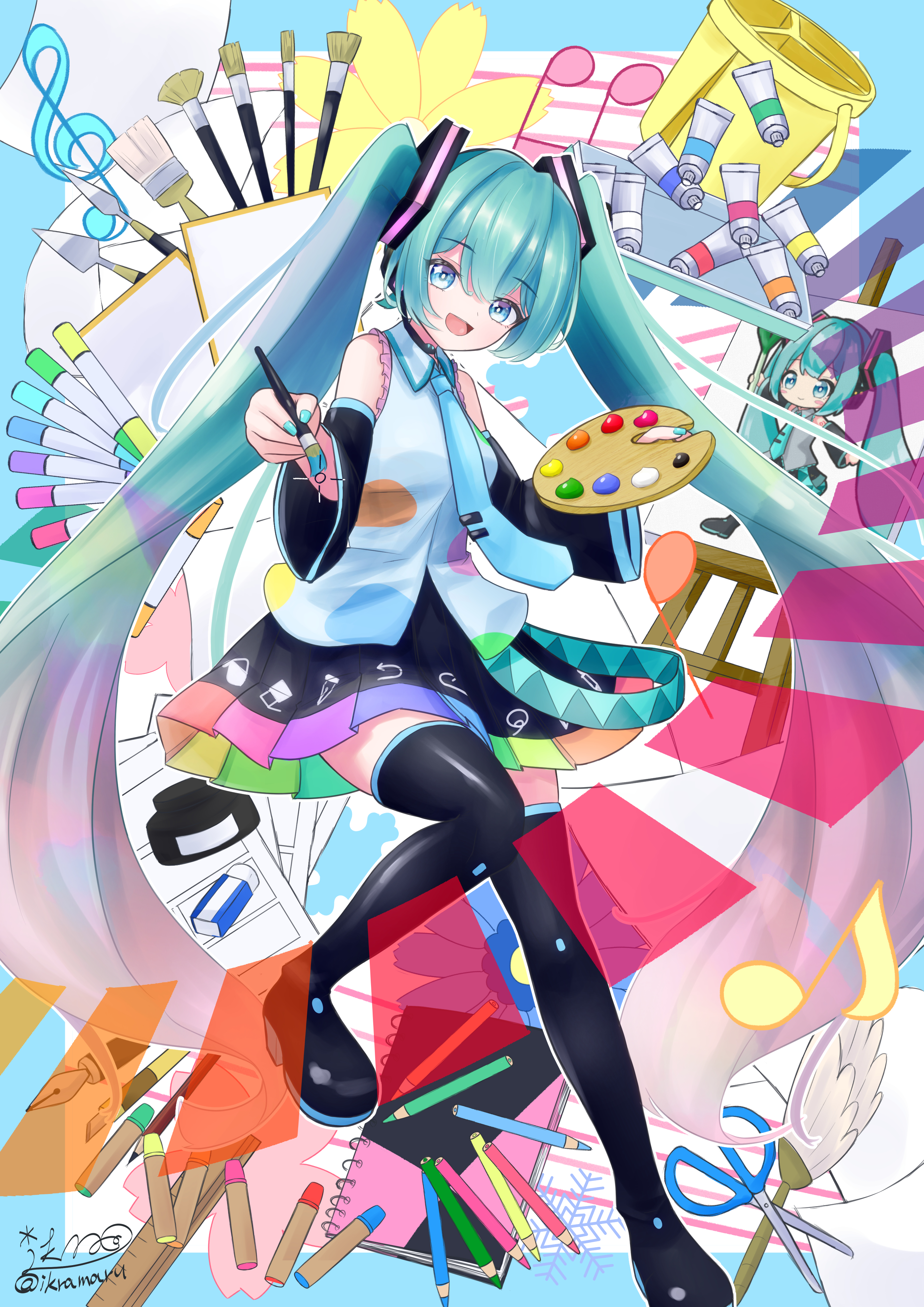 ikraaa 204, hatsune miku, vocaloid, absurdres, highres, 1girl, aqua eyes, aqua hair, aqua nails, black skirt, collared shirt, detached sleeves, gradient hair, hair between eyes, hair ornament, holding, holding paintbrush, long hair, long sleeves, looking at viewer, multicolored hair, musical note, open mouth, paintbrush, pleated skirt, scissors, shirt, signature, skirt, sleeveless, sleeveless shirt, smile, spring onion, twintails, very long hair, white shirt, wide sleeves