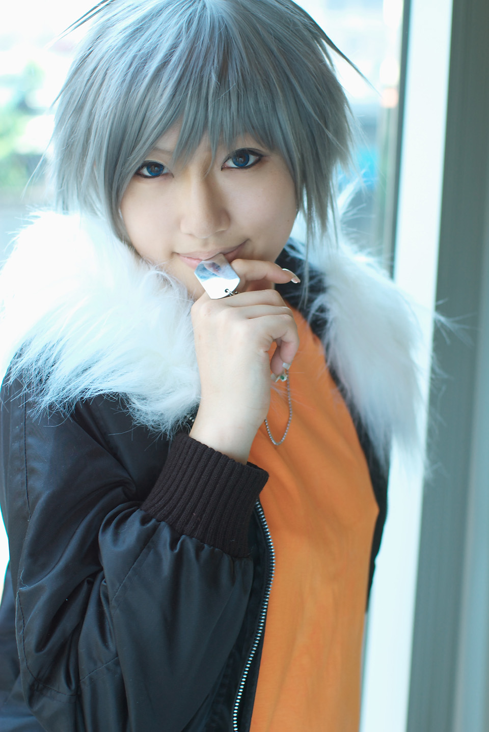 saya (cosplayer), akira (togainu no chi), togainu no chi, silver hair, highres, photo (medium), cosplay, dog tags
