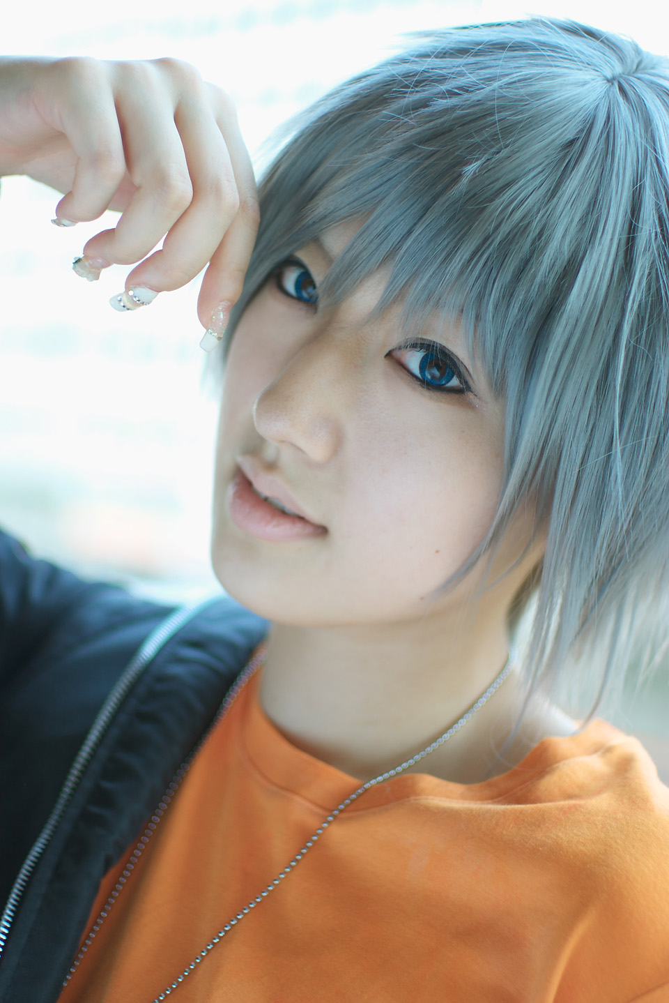 saya (cosplayer), akira (togainu no chi), togainu no chi, silver hair, highres, photo (medium), cosplay, dog tags