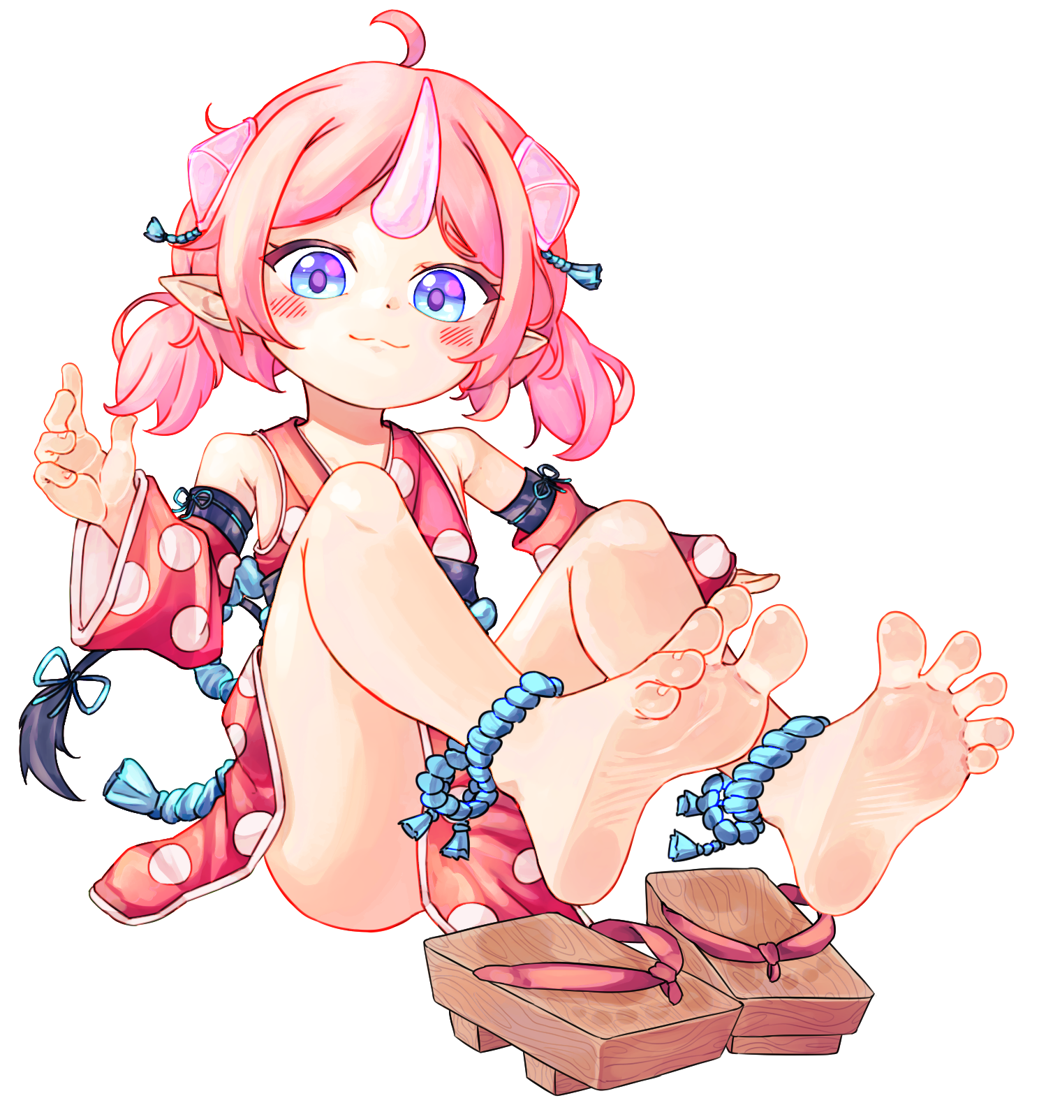 chaosexceed, original, commentary, highres, paid reward available, 1girl, barefoot, blue eyes, detached sleeves, feet, foot focus, geta, horns, japanese clothes, pink hair, pointy ears, sandals, soles, solo, toes