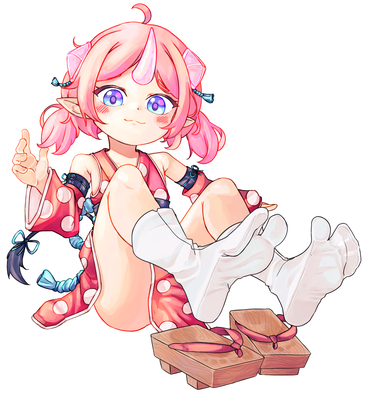 chaosexceed, original, commentary, highres, paid reward available, 1girl, blue eyes, detached sleeves, feet, geta, horns, japanese clothes, pink hair, pointy ears, sandals, socks, soles, solo, tabi, toes, white background, white socks