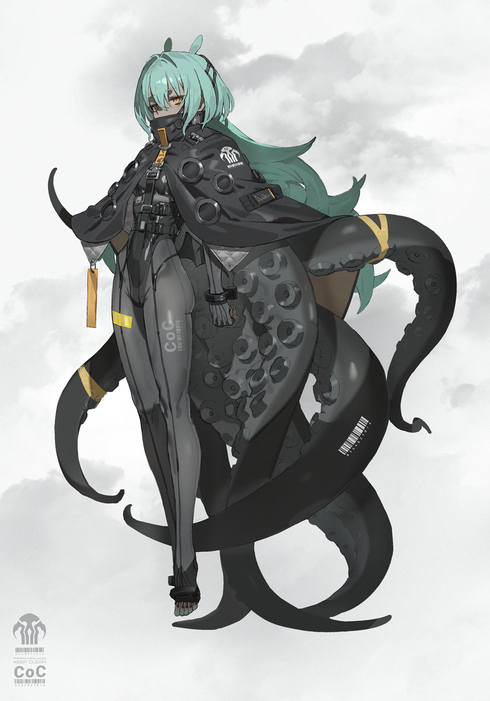 neco, original, commentary, highres, 1girl, barcode, black bodysuit, bodysuit, full body, green hair, looking at viewer, simple background, solo, tentacles, toes, white background, yellow eyes