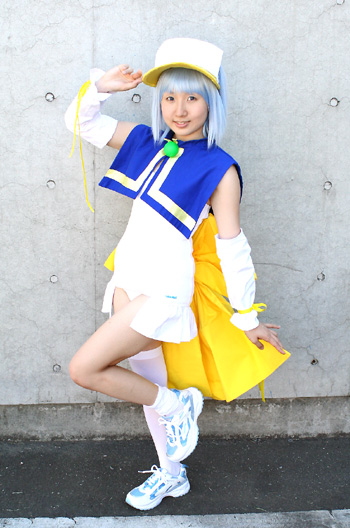 miasa, pastel ink, moetan, white legwear, photo (medium), 1girl, asian, blue hair, cosplay, female focus, ink nijihara, leotard, looking at viewer, outdoors, pastel ink (cosplay), single thighhigh, solo, thighhighs, visor cap