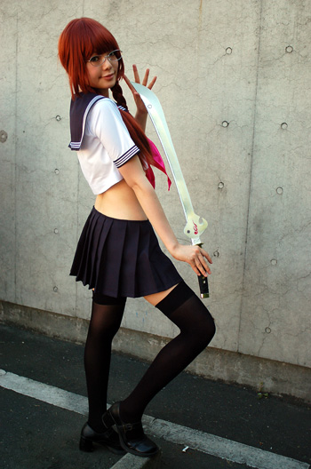 namada, arisugawa shii, the art of yamashita shunya, black footwear, photo (medium), 1girl, arisugawa shii (cosplay), asian, black thighhighs, braid, brown hair, cosplay, crop top, female focus, full body, glasses, lensless glasses, long hair, looking at viewer, midriff, miniskirt, outdoors, pleated skirt, sailor, school uniform, serafuku, short sleeves, skirt, solo, standing, sword, thighhighs, twin braids, weapon, zettai ryouiki