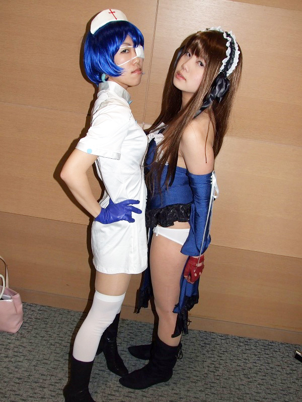momo, kan'u unchou, ryomou shimei, ikkitousen, photo (medium), apron, boots, cosplay, eyepatch, gloves, hair ribbon, kan'u unchou (cosplay), maid, maid apron, nurse, panties, ribbon, ryomou shimei (cosplay), sakura marimo, thighhighs, underwear