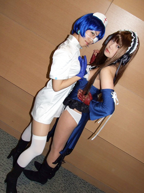 momo, kan'u unchou, ryomou shimei, ikkitousen, photo (medium), apron, boots, cosplay, eyepatch, gloves, hair ribbon, kan'u unchou (cosplay), maid, maid apron, nurse, panties, ribbon, ryomou shimei (cosplay), sakura marimo, thighhighs, underwear