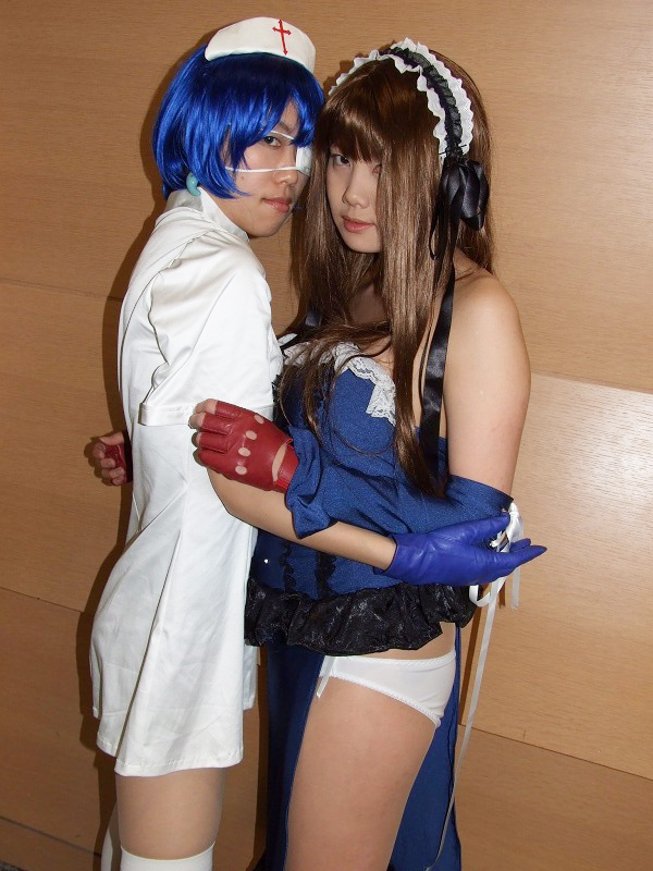 momo, kan'u unchou, ryomou shimei, ikkitousen, photo (medium), apron, boots, cosplay, eyepatch, gloves, hair ribbon, kan'u unchou (cosplay), maid, maid apron, nurse, panties, ribbon, ryomou shimei (cosplay), sakura marimo, thighhighs, underwear